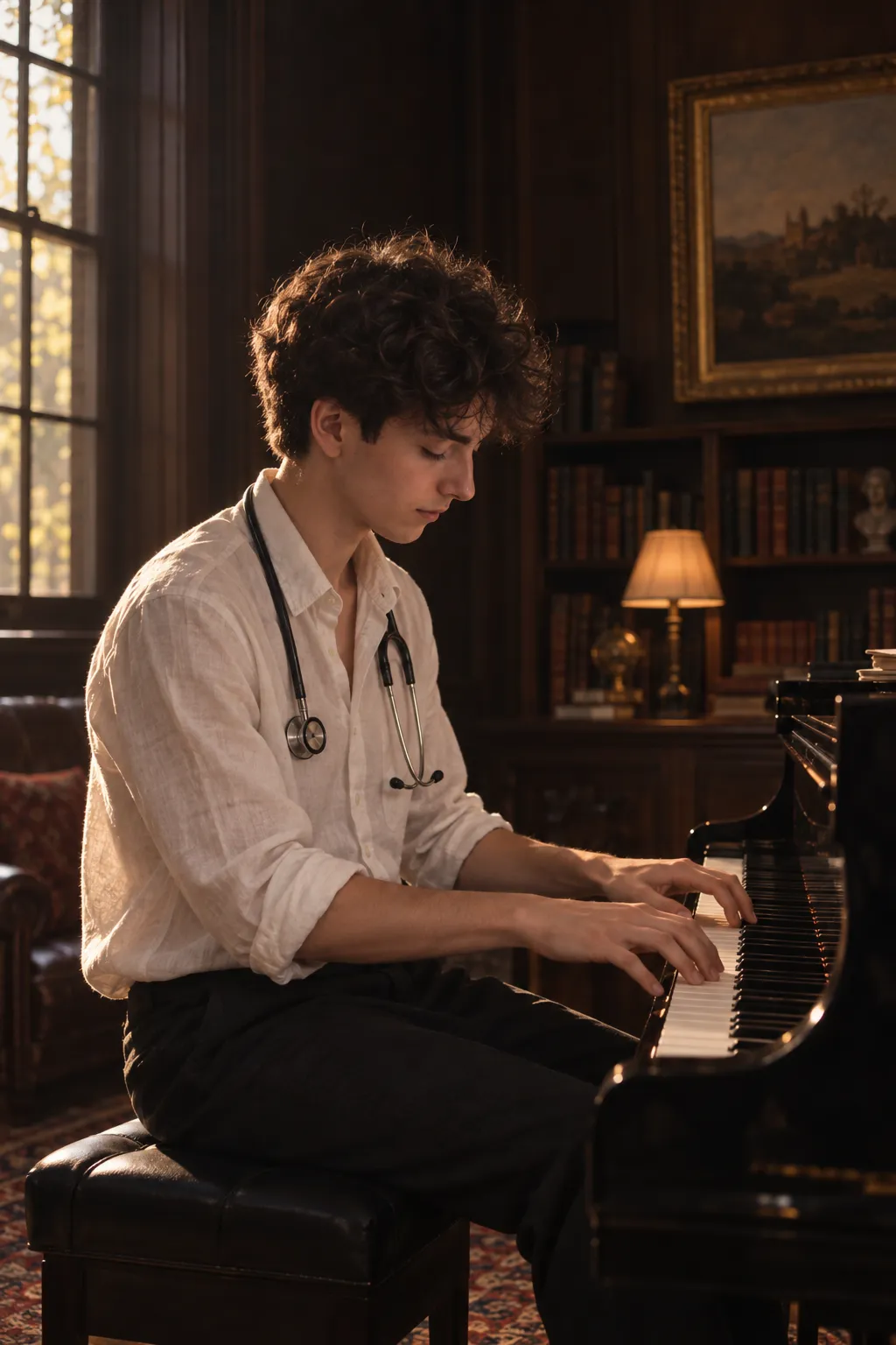 Mateo, a university student with a stethoscope around his neck, playing a grand piano
