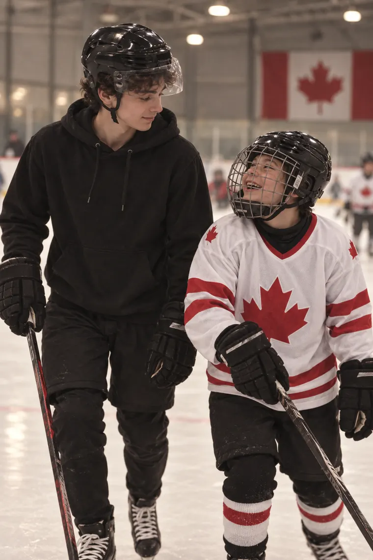 Mateo helping a young player skate at an inclusive hockey program