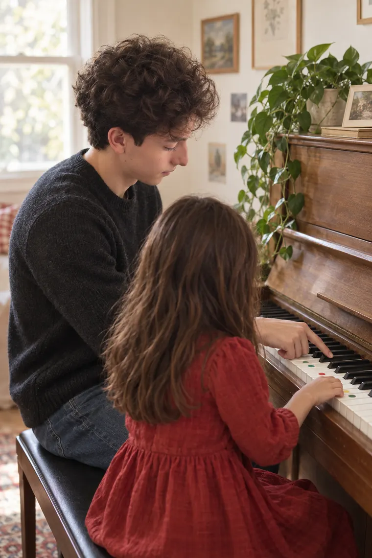 Mateo guiding a young child at the piano