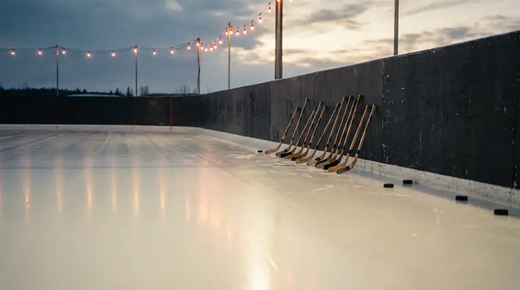 An empty community ice rink with hockey sticks leaning on the boards