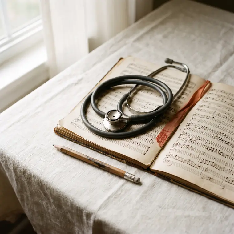A stethoscope resting on handwritten piano sheet music